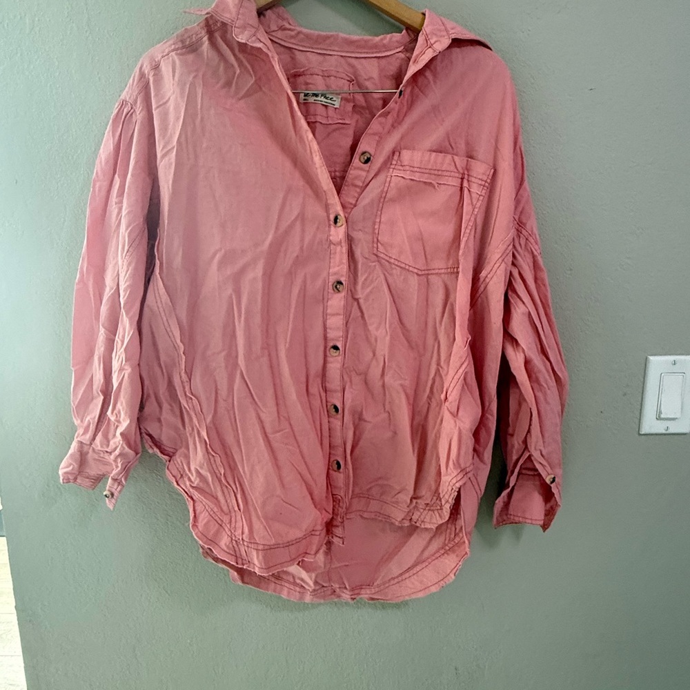 We The Free Pink Button-Up Cotton Shirt, Size Small